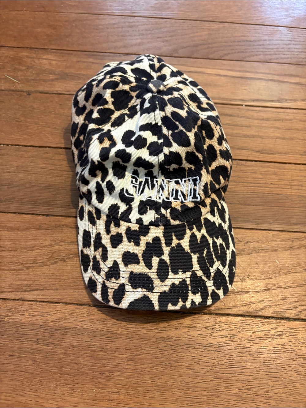 Ganni Leopard-Print Cap in Black and Cream